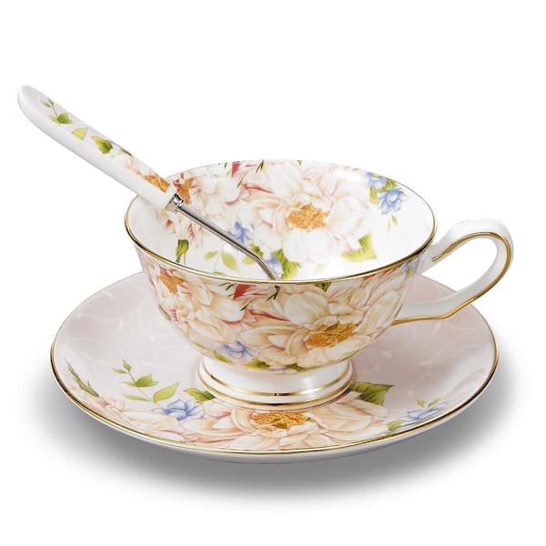 Panbado 6.5 oz. Cups and Saucers Sets with Spoons Champagne Rose Pink Patterned Mutil-Colors 3-Pieces Set Tea Cup Porcelain Mugs
