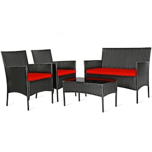 4-Piece Rattan Outdoor Conversation Seating Set with Red Cushion and Patio Tempered Glass Table