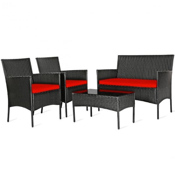 Alpulon 4-Piece Rattan Outdoor Conversation Seating Set with Red Cushion and Patio Tempered Glass Table