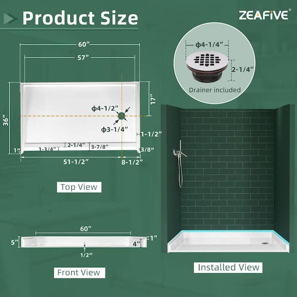 Zeafive 60 in. L x 36 in. W Alcove Acrylic ADA Shower Pan Base