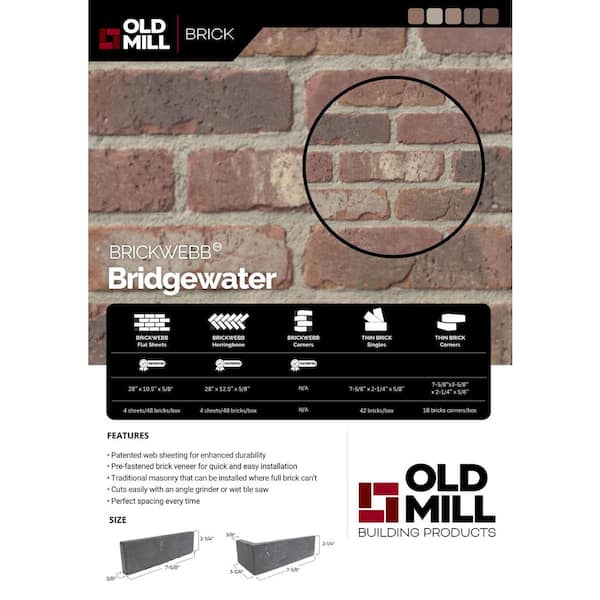 Old Mill Brick - 28 in. x 10.5 in. x 0.5 in. Brick Webb Bridgewater Thin Brick Sheets (Box of 5-Sheets)