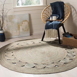 Natural Fiber Gray 10 ft. x 10 ft. Border Woven Round Area Rug