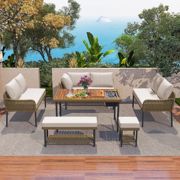6-Piece Metal Patio Conversation Furniture Set with Beige Cushions, Outdoor Sofa Set with Acacia Wood Table