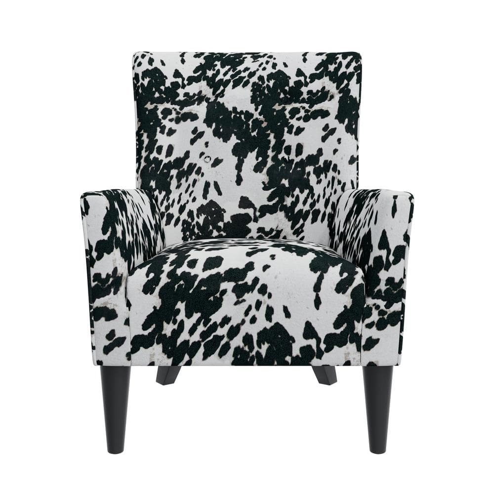 Velvet Black Cow Print Wingback Accent Chair with Flared Arms