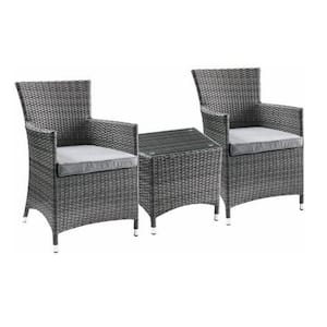 Gray 3-Piece Wicker Outdoor Patio Outdoor Bistro Set with Gray Fabric Cushion