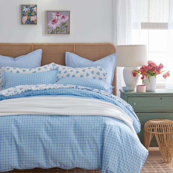 Company Cotton Sunshine and Blooms Blue/Green Plaid Full/Queen Cotton Percale Duvet Cover