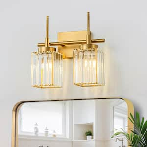 Orillia 12.2 in. 2-Light Modern Industrial Gold Bathroom Vanity Light with Crystal Square Shades