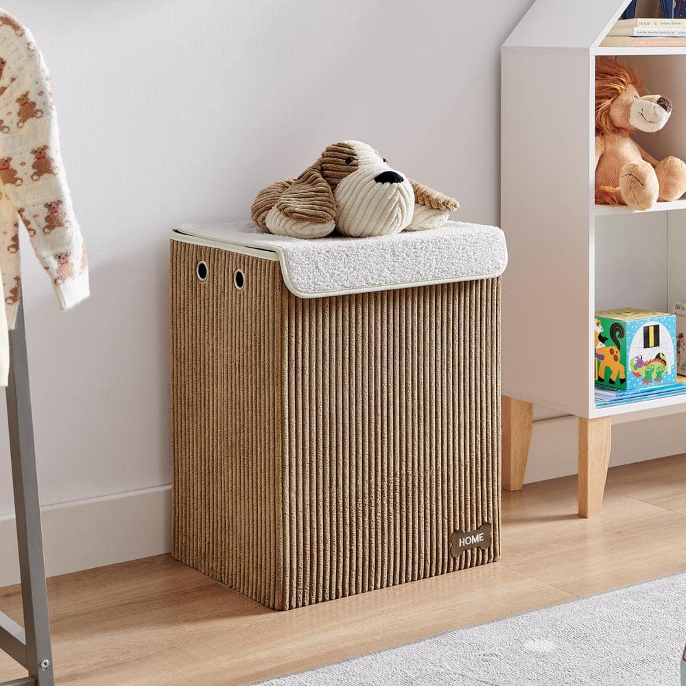 Brown Corduroy Collapsible Kids Hamper with Plush Dog Lid