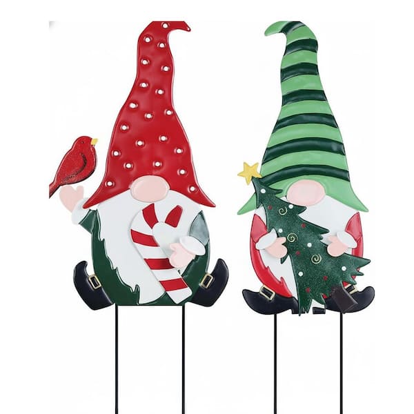26.7" 2-Pack Metal Gnome Christmas Yard Stakes - Outdoor Holiday Decor
