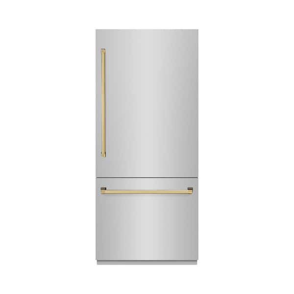 ZLINE Kitchen and Bath 36 in. 19.8 cu. ft. Built-in Bottom Freezer Refrigerator in Stainless Steel with Graphite Gray Interior and Gold Accents