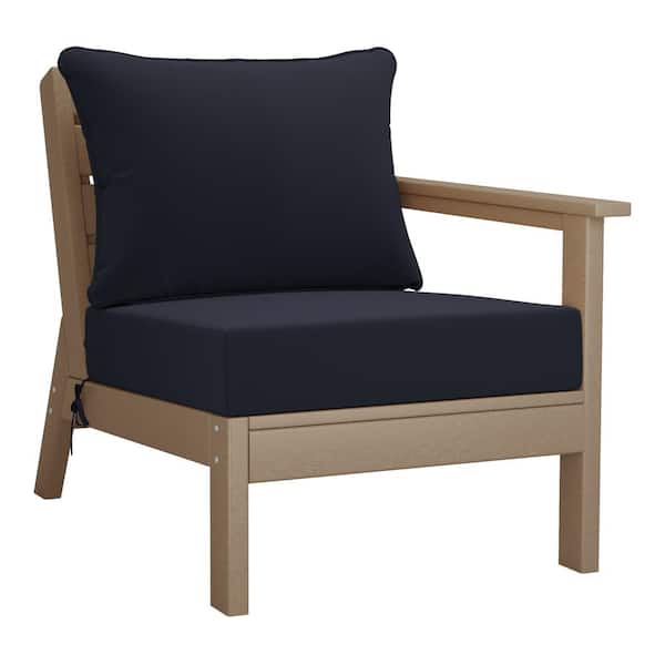Westin Outdoor Birchwood Outdoor Patio Deep Seating Right Facing Arm HDPE Lounge Chair in Weathered Wood with Navy Blue Cushions