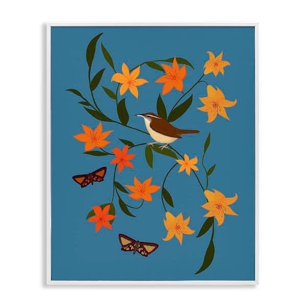 Stupell Industries Sparrow on Lily Bunches by Michelle Ingari Designs White Framed Nature Giclee Art Print 14 in. x 11 in.