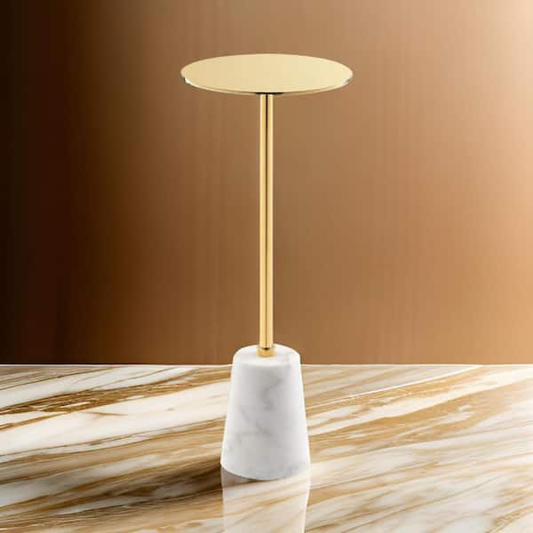 Benjara 8 in. Gold and White Round Metal Top End Table