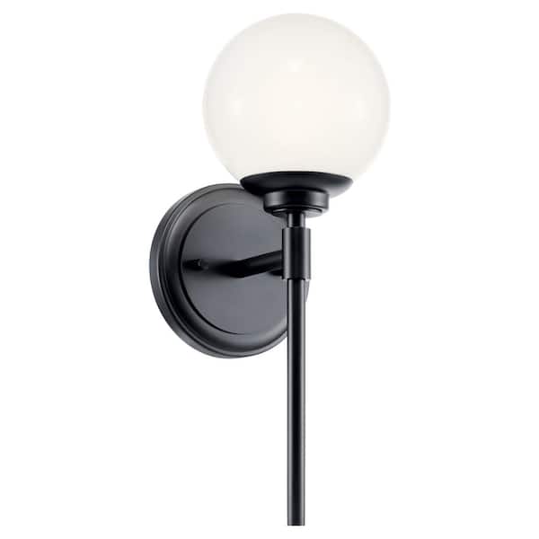 KICHLER Benno 1-Light Black Bathroom Indoor Wall Sconce Light with Opal Glass Shade