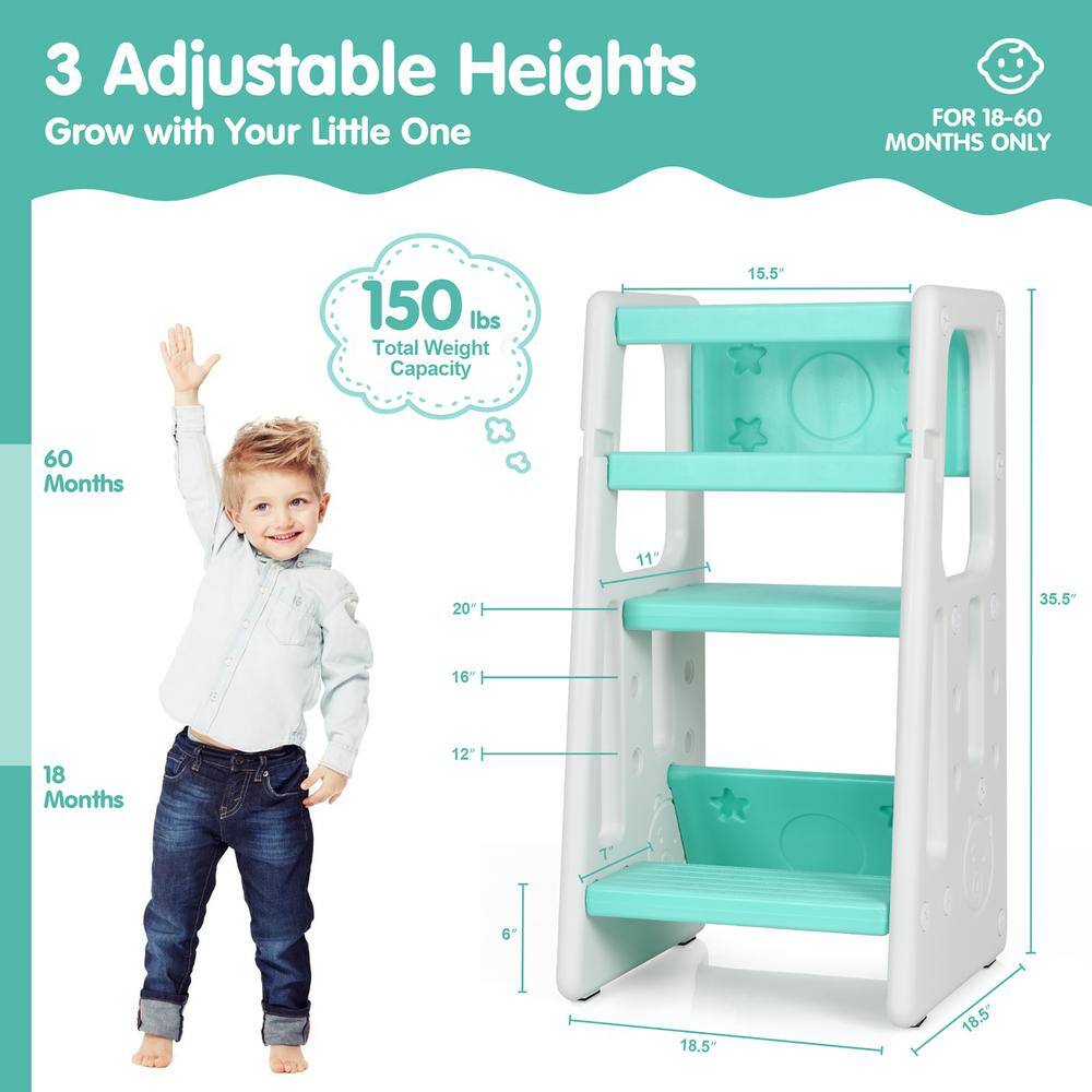 Green and White Toddler Kitchen Helper Step Stool with Safety Features