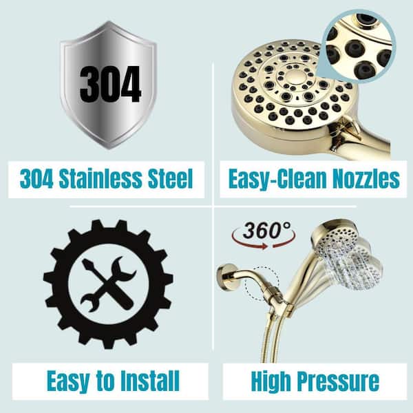 5-Spray Patterns Dual Shower Head Wall Mounted Fixed and Handheld Shower Head 2.5 GPM in Gold
