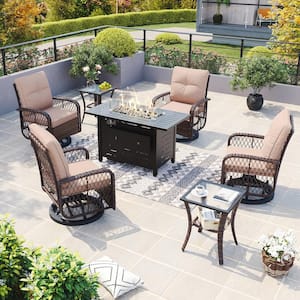 7 Piece Beige Wicker Patio Rocking Chairs for 4 with 44 in. Fire Pit Table Swivel Rocking Chair Sets