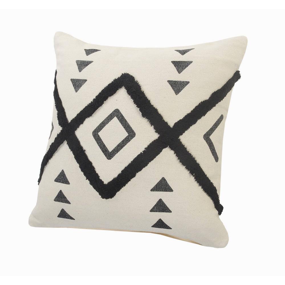 20" Black and Off-White Cotton Geometric Tufted Throw Pillow