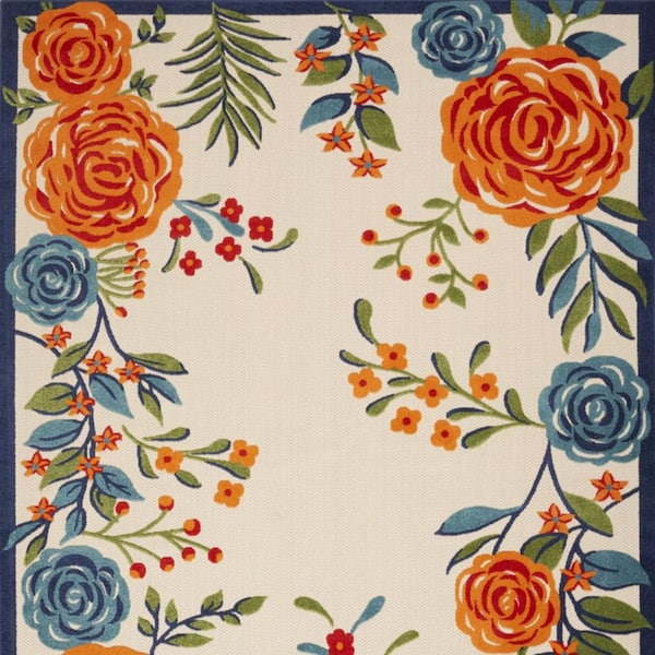 Ivory, Blue 5 ft. x 8 ft. Woven Polypropylene Rectangle Indoor/Outdoor Area Rug