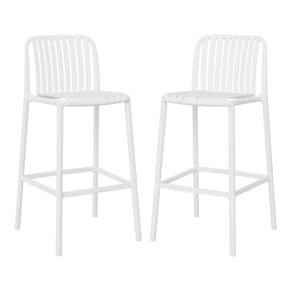 Frond and Form Modern Slatted Outdoor Patio Poly Plastic Stackable 29.5 in. Bar Stool (Set of 2), White