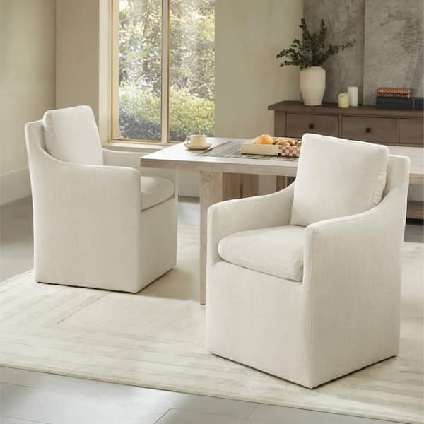 Halcyra Cream Fabric Upholstered Dining Chair with Casters No Assembly Modern Accent Armchair for Diningroom Livingroom