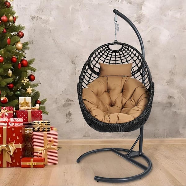 TWT Balcony Hanging Egg Large 1-Person Brown Wicker Outdoor Porch Swing with Comfy Cushion
