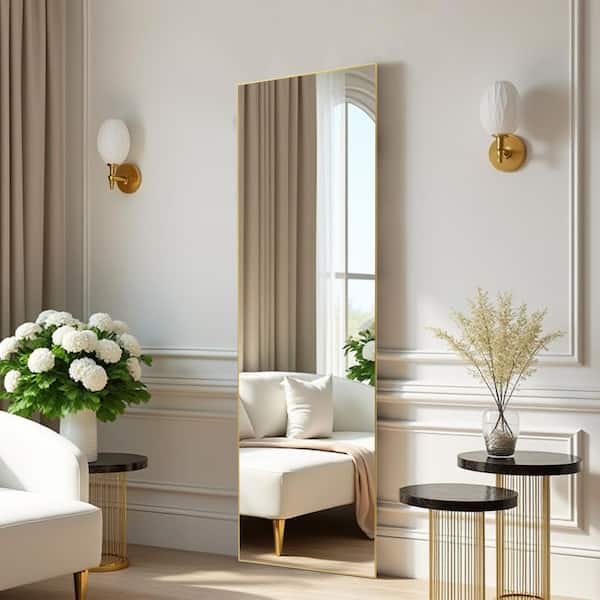 Gold 16 in. W x 59 in. H Right Angled Rectangle Aluminum Alloy Thin Frame Full Length Mirror