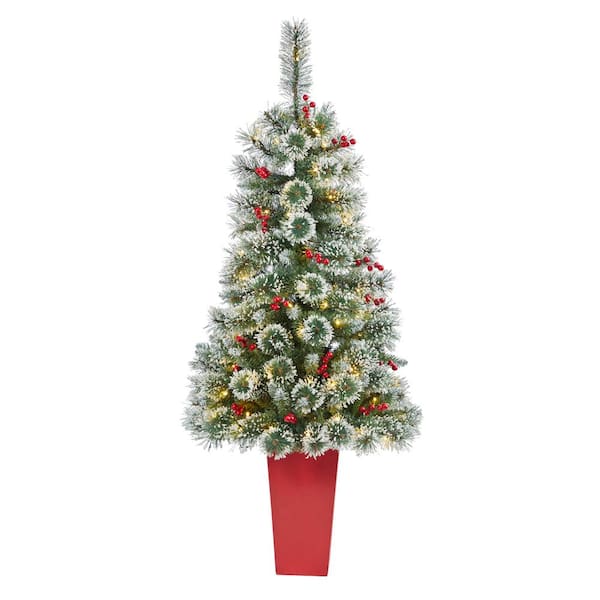 Nearly Natural 4 ft. Frosted Pre-Lit LED Swiss Pine Artificial Christmas Tree with 100 Clear Lights and Berries in Red Planter