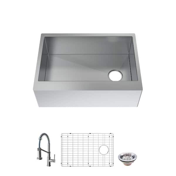 Glacier Bay Professional Zero Radius 27 in. Apron-Front Single Bowl 16 Gauge Stainless Steel Workstation Kitchen Sink with Faucet