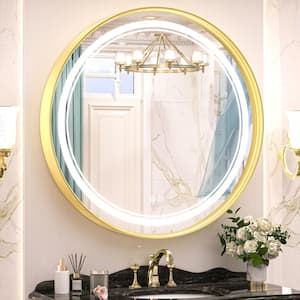 30 in. W x 30 in. H Round Framed 3-Colors Dimmable LED Wall Mount Bathroom Vanity Mirror with Lights Anti-Fog in Gold