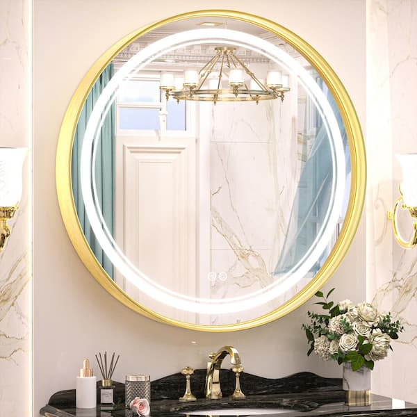 KeonJinn 30 in. W x 30 in. H Round Framed 3-Colors Dimmable LED Wall Mount Bathroom Vanity Mirror with Lights Anti-Fog in Gold
