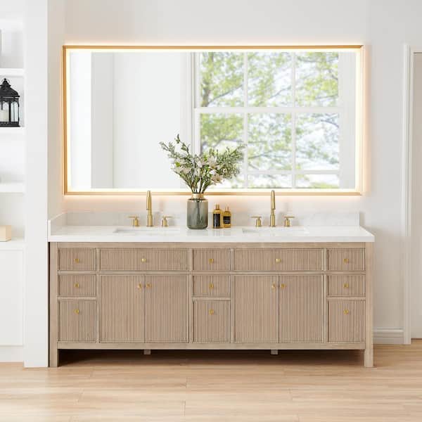 Altair Cerrito 84" Double Sink Freestanding Nature Oak Bath Vanity with Grain White Engineered Stone Top Assembled and Mirror