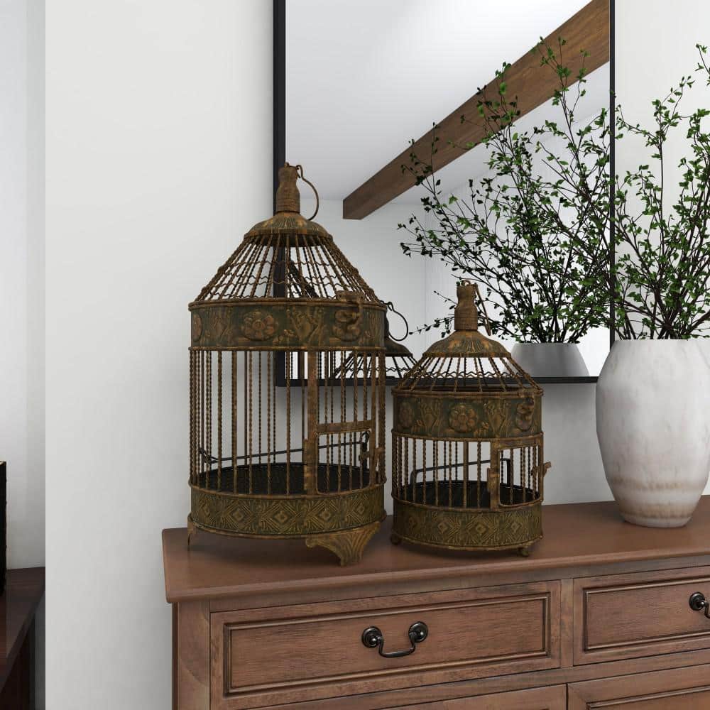 Bronze Antique Carved Metal Birdcage Set, 2 Pieces