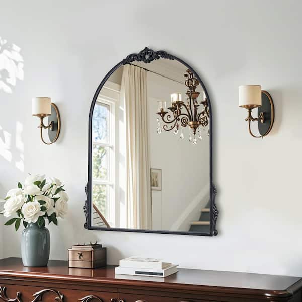 Elevatehome 20 in. W x 26 in. H Antique Black Arched Framed Accent Dresser Mirror Accent Wall Decorative Mirror