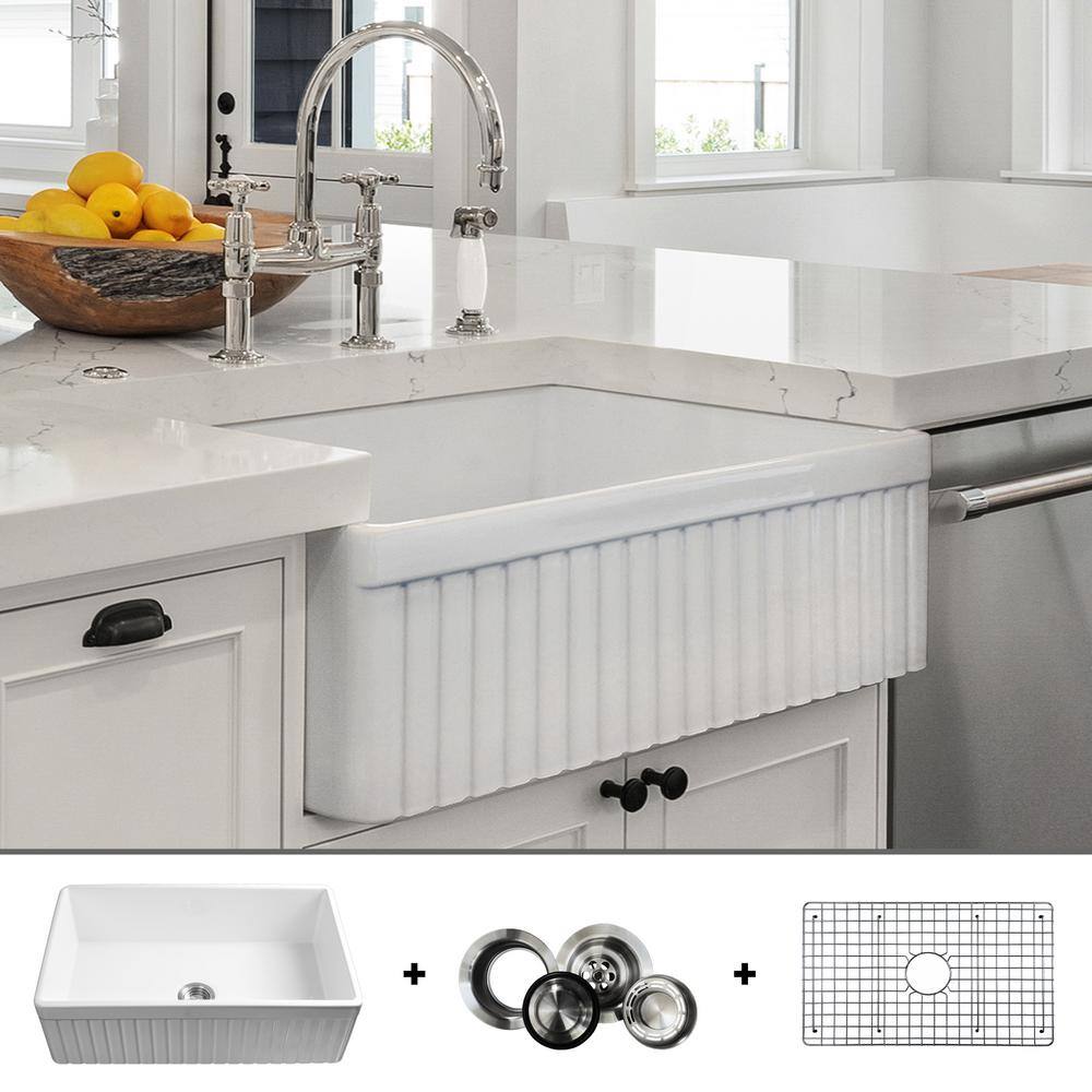 Fossil Blu Luxury 33 In Fine Fireclay Modern Farmhouse Kitchen Sink In White Single Bowl Fluted 6793