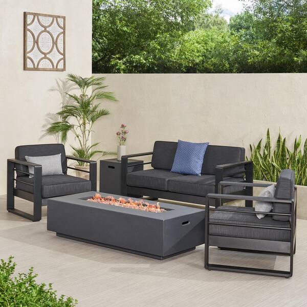 Noble House Maya Bay Black 5 Piece Aluminum Outdoor Patio Fire Pit Set With Black Cushion And 4618