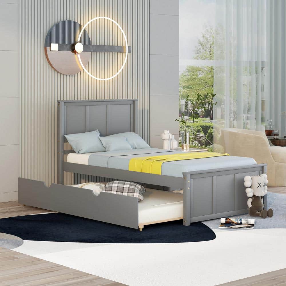 URTR 42 in. W Gray Twin Platform Bed with Trundle, Twin