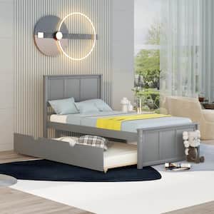 42 in. W Gray Twin Platform Bed with Trundle, Twin Trundle Bed Solid Wood Bed Frame with Headboard, No Box Spring Needed