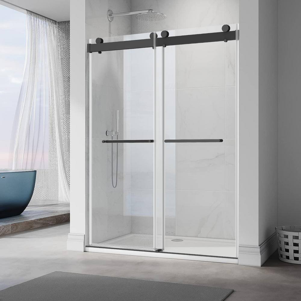 60" Matte Black Frameless Double Sliding Shower Door with Clear Glass