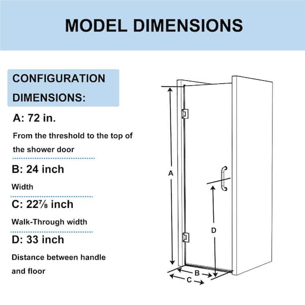 24 in. W x 72 in. H Frameless Hinged Shower Door in Black with Handle and Clear Glass