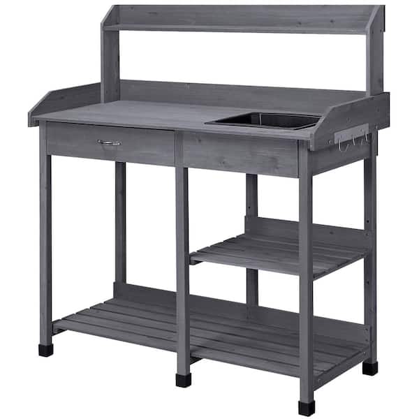 Outdoor Solid Wood Potting Bench with Drawer, Adjustable Shelf Rack and Removable Sink