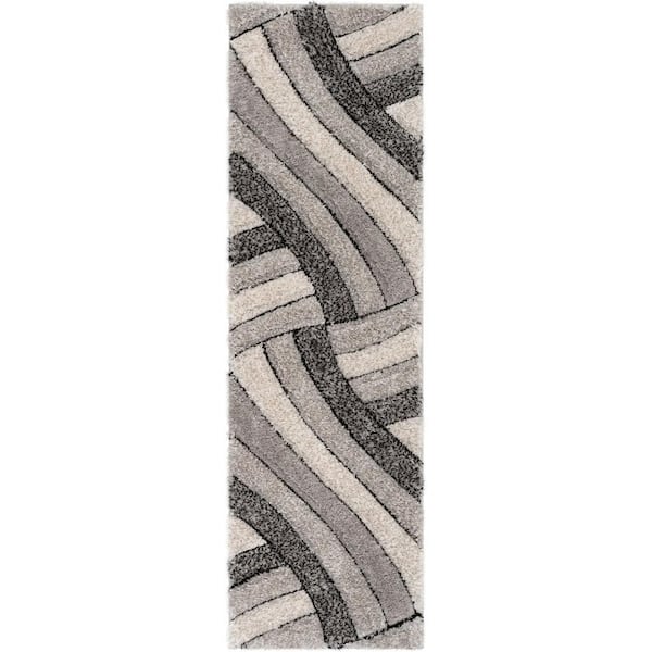 San Francisco Ucci Grey Modern Geometric Stripes 2 ft. 3 in. x 7 ft. 3 in. 3D Carved Shag Runner Rug