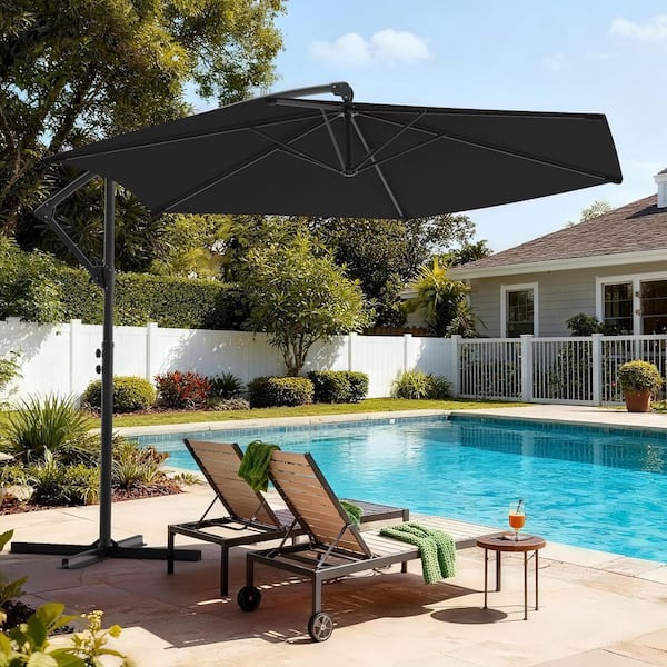 SANLUCE 10 ft. Offset Umbrella with Foldable Handle, Outdoor Patio Umbrella  with Secure Lock in Black CZ-986-BK