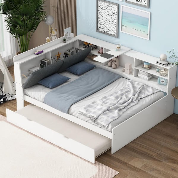 Harper & Bright Designs White Wood Frame Full Platform Bed with Rotatable Board, Linen Hidden Storage Headboard, Shelves, Twin Trundle