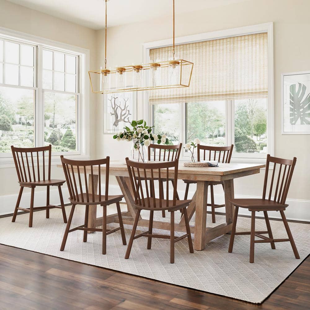 LUE BONA Winston Brown Classic Windsor Dining Chair Solid Wood Farmhouse Dining Chair with Spindle Back Set of 6 WSD-BROWN-3