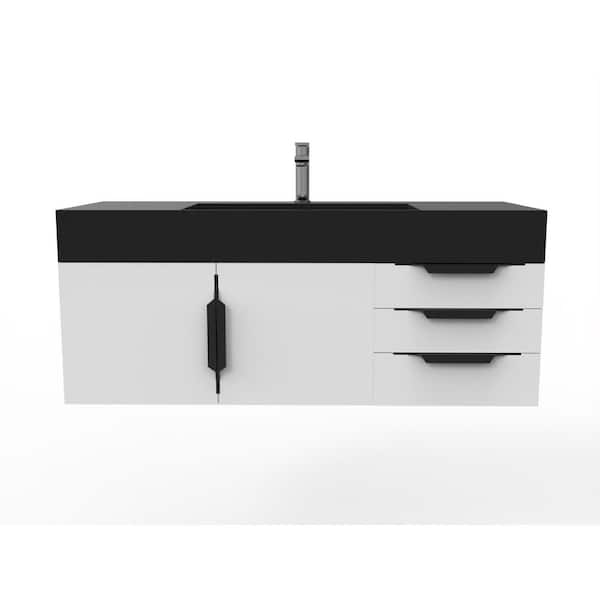 castellousa Maranon 48 in. W x 19 in. D x 19.25 in. H Single Bath Vanity in Matte White with Black Trim and Black Solid Surface Top