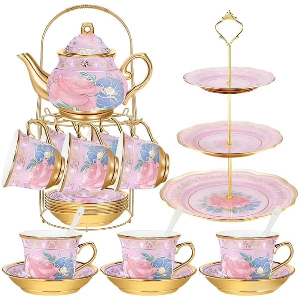 21-Piece 6-Cup Purple Porcelain Tea Pot Set with Cups, Saucers, Metal Holder and Cupcake Stand for Parties Weddings