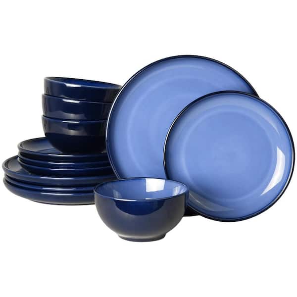12-Piece Blue Stoneware Dinnerware Sets, Reactive Glaze Plates and Bowls Sets, Handmade Dish Set, Service for 4