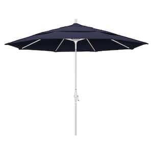 11 ft. White Aluminum Pole Market Aluminum Ribs Crank Lift Outdoor Patio Umbrella in Navy Sunbrella