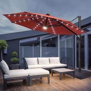 11 ft. Solar LED Round Aluminum Cantilever Outdoor Umbrellas with Base Stand in Red